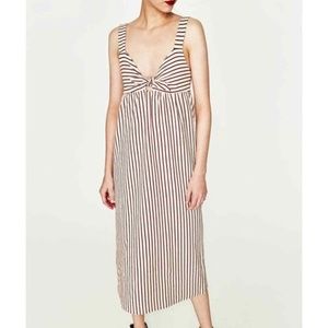 ZARA TRF Retro Red Pin-Striped Keyhole Cutout / Front Tie Sleeveless Midi Dress